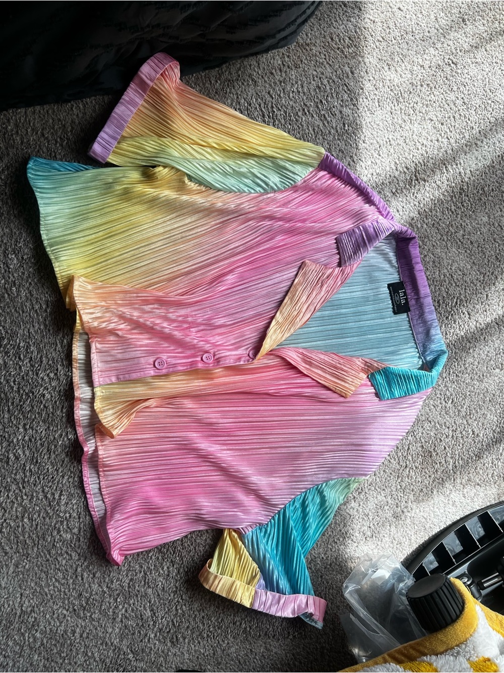 Dressed in LALA Pastel Rainbow Pleated Button-Front Top